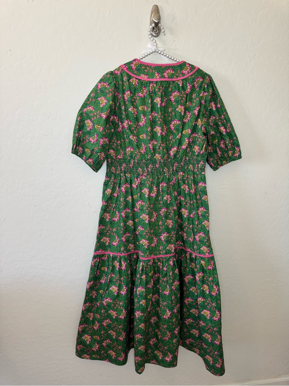 Boden Green Floral-Print Embroidered Midi Dress with Pink Trim - Picture 4 of 8
